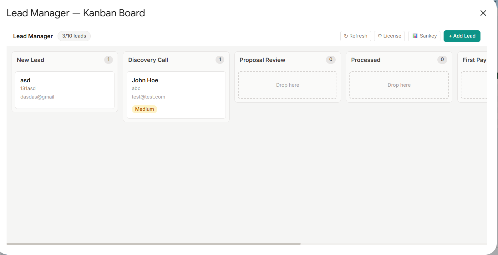 Lead Manager Kanban board with pipeline columns