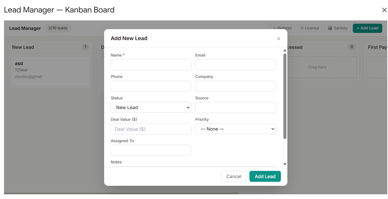Add New Lead form modal