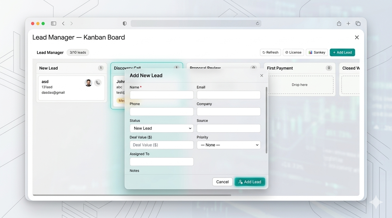 Lead Manager Kanban board inside Google Sheets